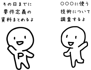 「その日までに要件定義の資料まとめるよ」「○○○に使う技術について調査するよ」